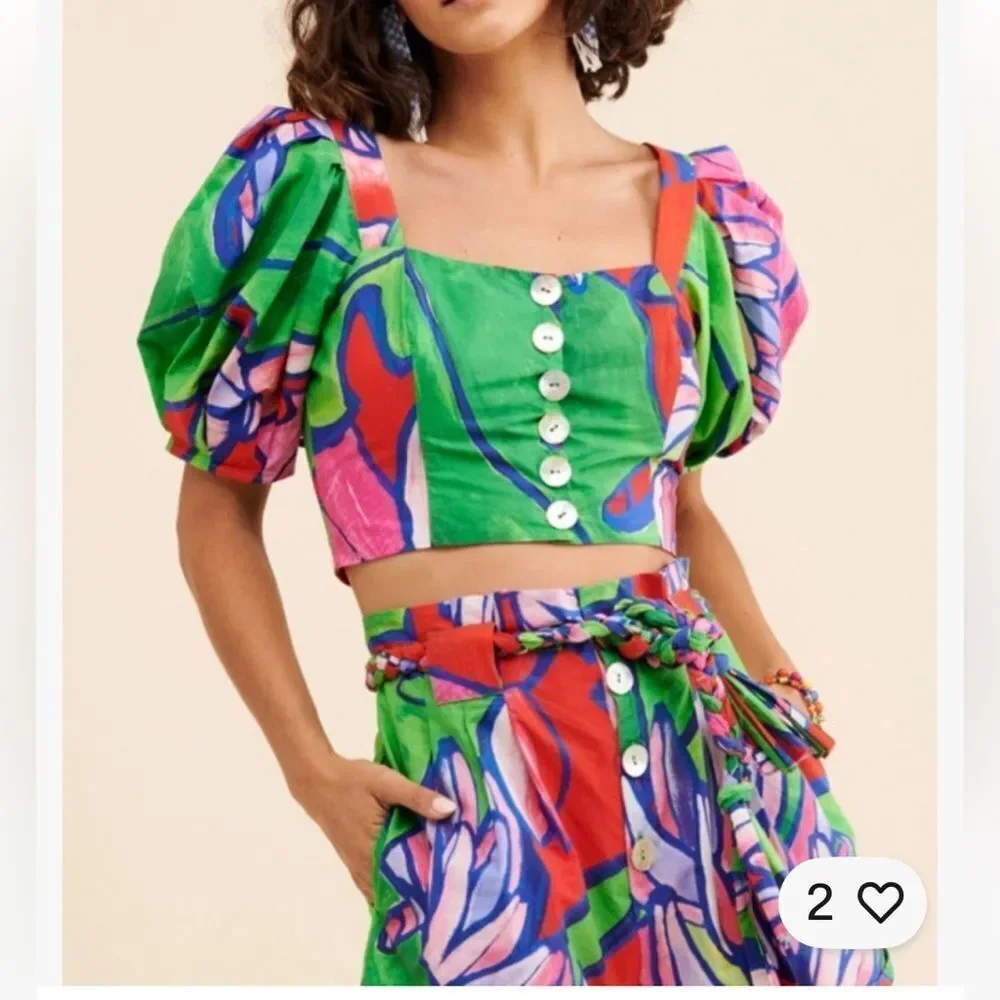 New FARM Rio Tropical Bunch Crop Green Multicolor Puff Sleeve Blouse
